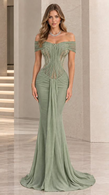 Sage green corset bodice mermaid evening gown