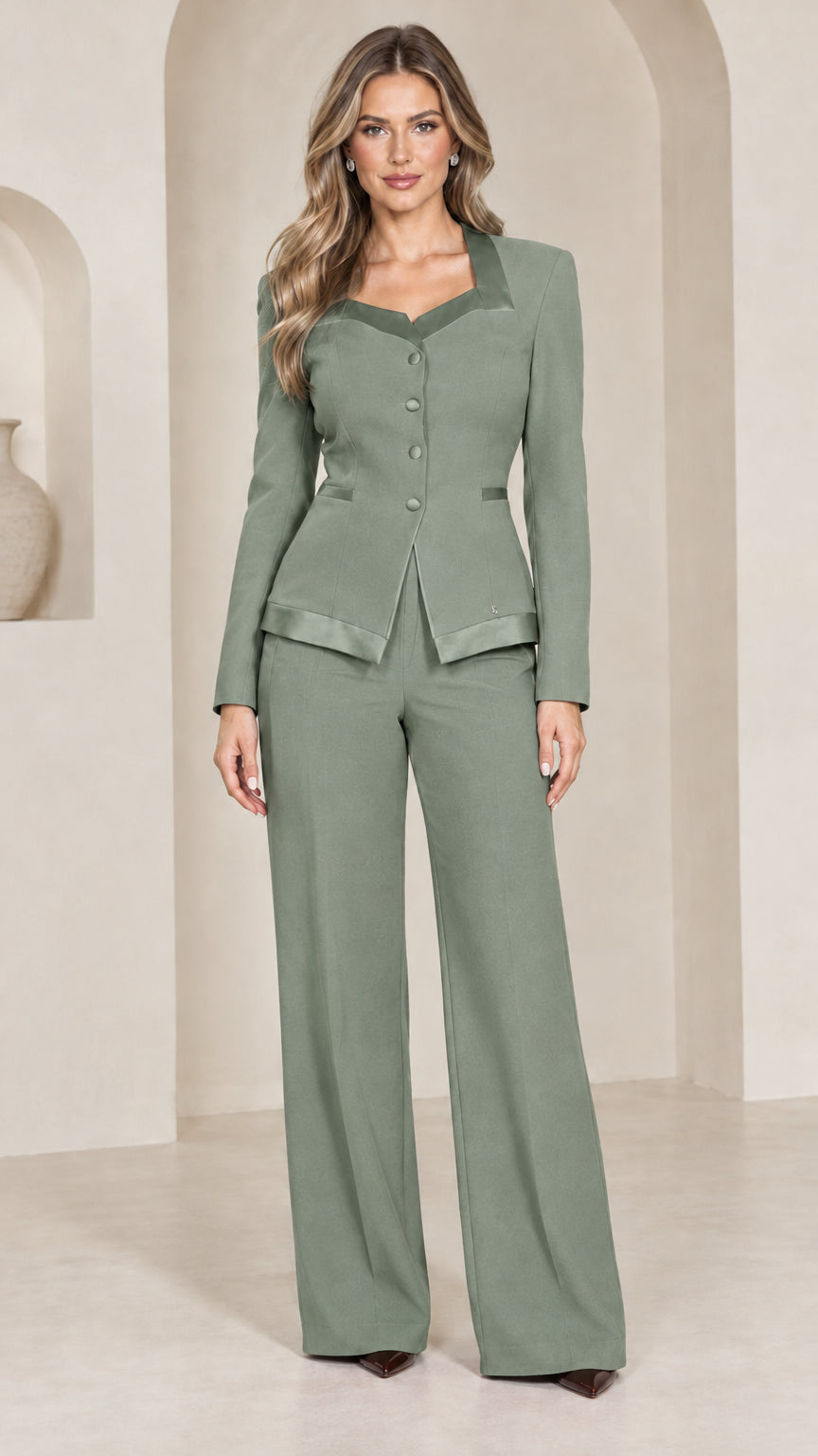 Front view of sage green satin-trimmed two-piece blazer and trouser suit set