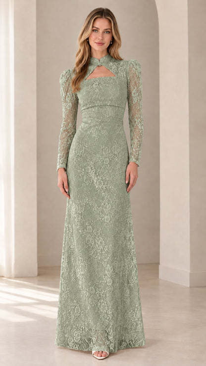 Full front view of Sage Green floral lace keyhole maxi dress