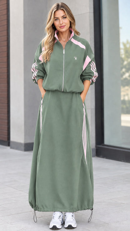 Sage green two-piece sporty zip jacket and maxi skirt set with contrast stripes