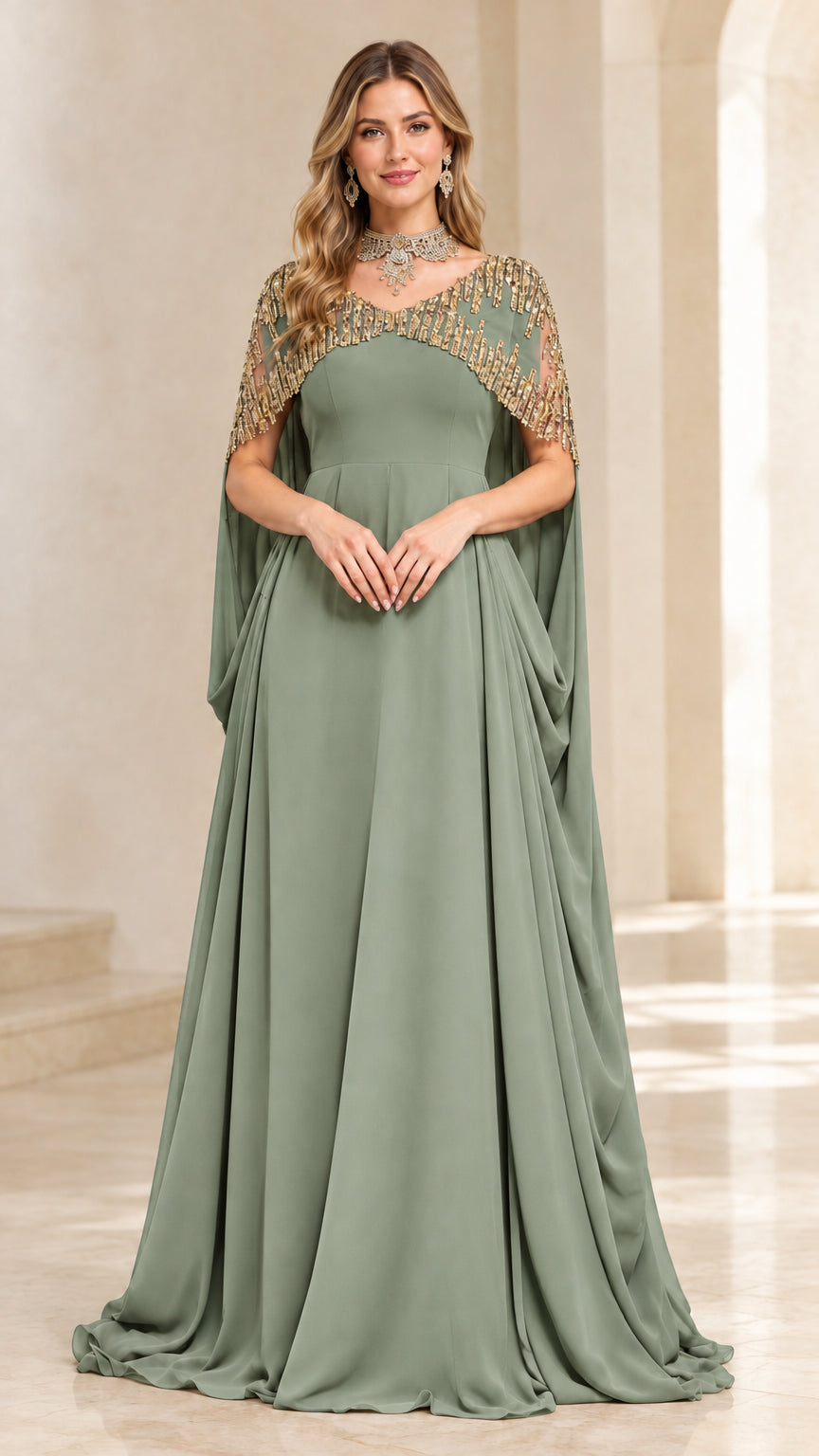 Sage green floor-length formal dress with metallic beaded cape