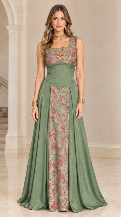 Model wearing sage green floral jacquard A-line formal gown