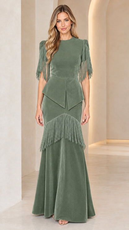 Sage green velvet fringe peplum evening maxi dress full-length view