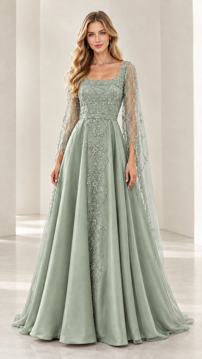 Woman wearing sage green embroidered beaded formal evening gown with cape sleeves