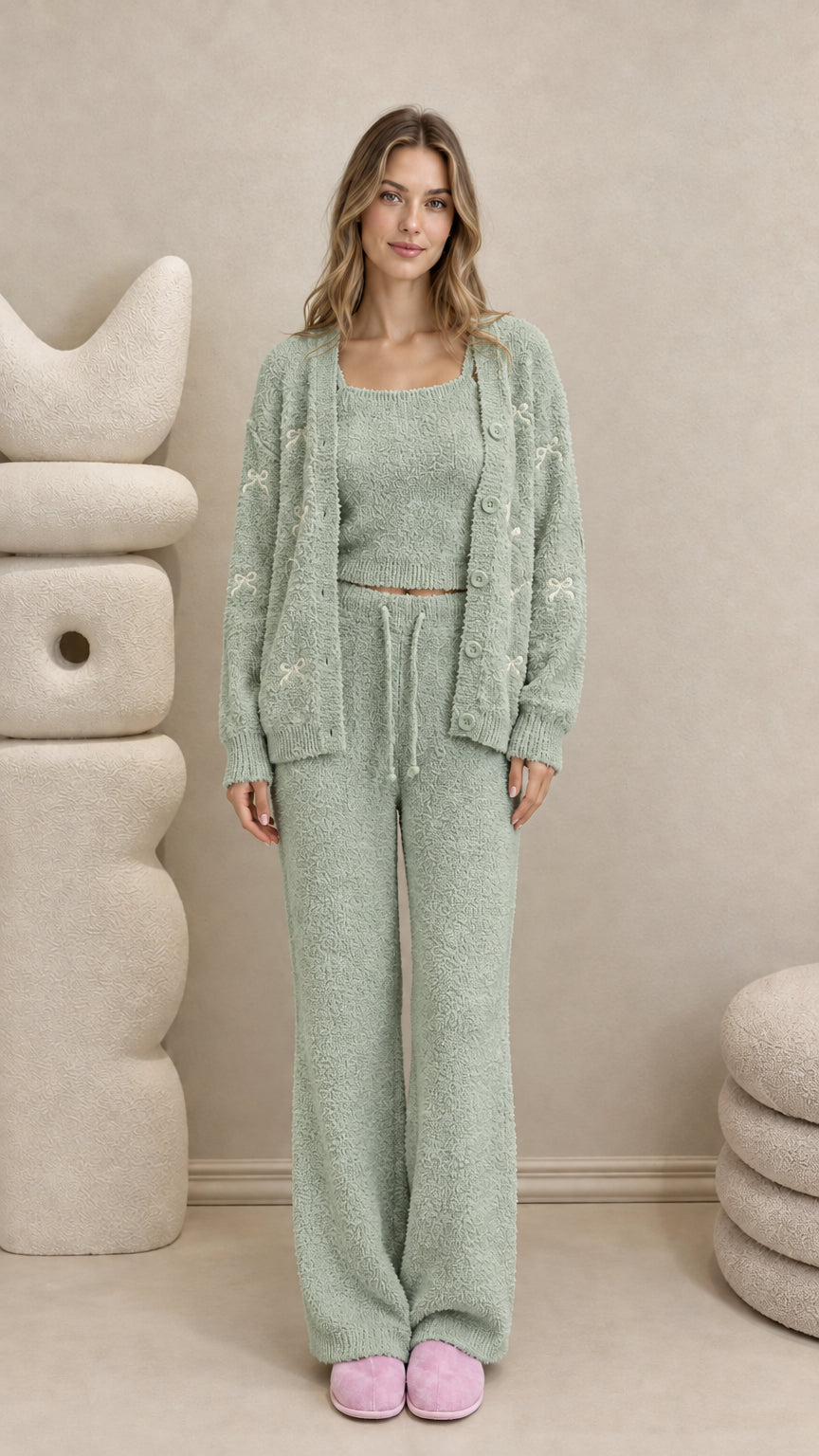 Model wearing sage green 3-piece fuzzy knit lounge set with embroidered bows