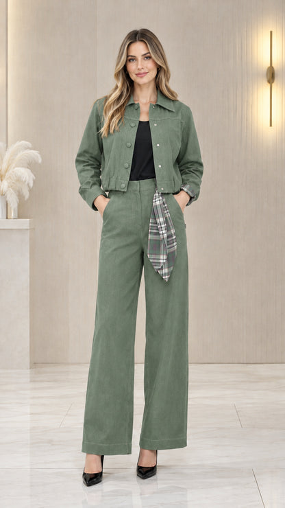 Full front view of women's sage green cropped jacket and wide-leg pants set