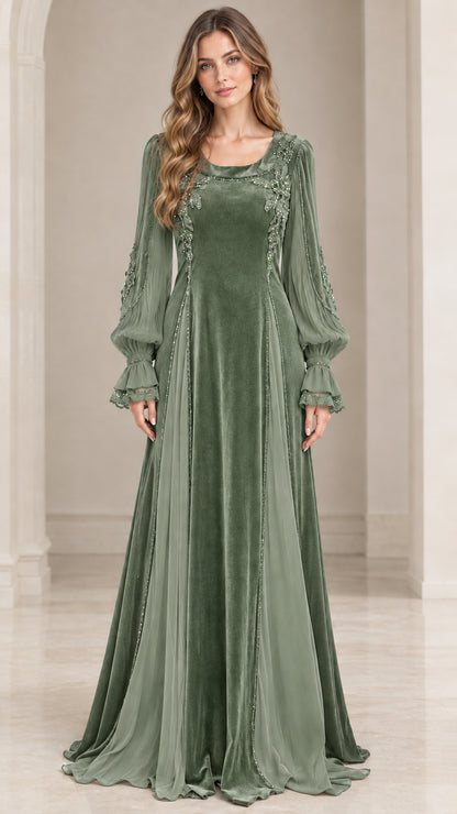 Front view of sage green velvet floor-length gown with embroidered details