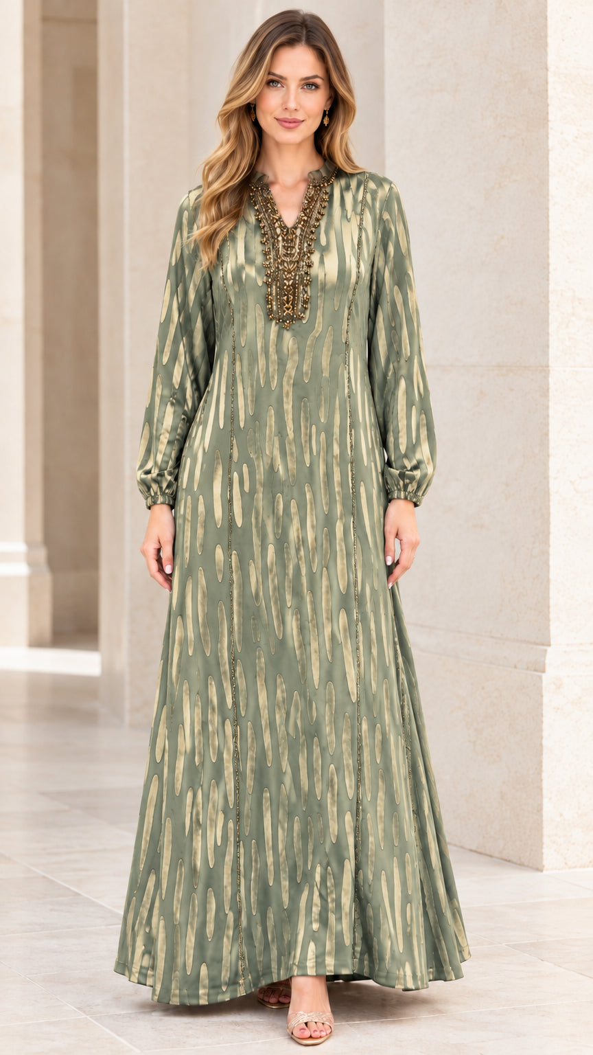 Front view of woman wearing Sage Green long sleeve embellished maxi dress