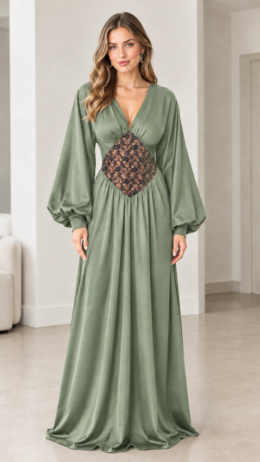 Front view of sage green satin long-sleeve evening gown with lace midriff