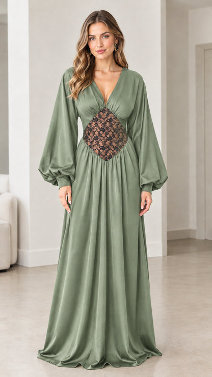 Front view of sage green satin long-sleeve evening gown with lace midriff