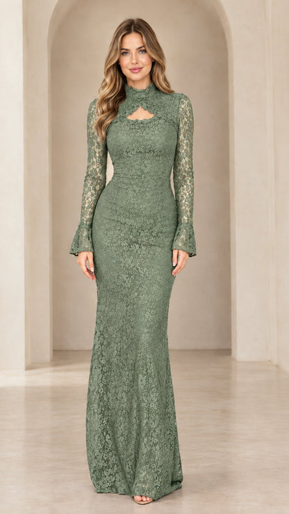 Sage Green mock neck cutout lace formal gown