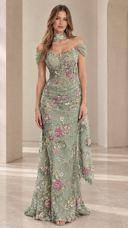Front view of model wearing Sage Green floral embroidered formal evening dress