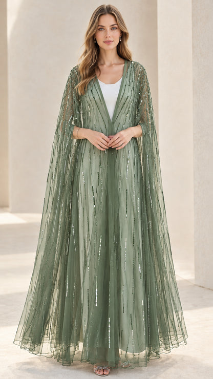 Sage green sequin embellished maxi evening cape duster