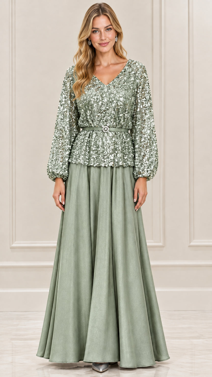 Full-length sage green sequin long sleeve evening gown with belted waist