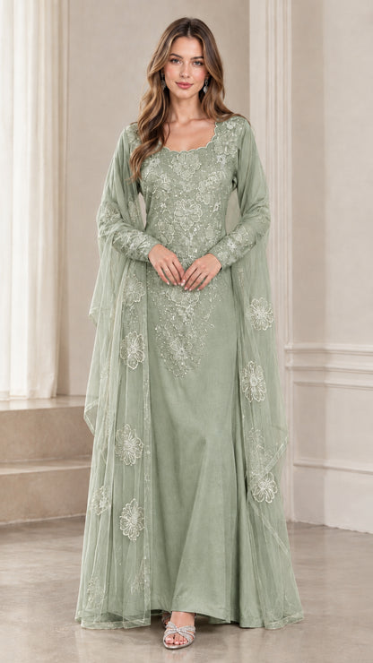 Full-length sage green floral embroidered evening maxi dress