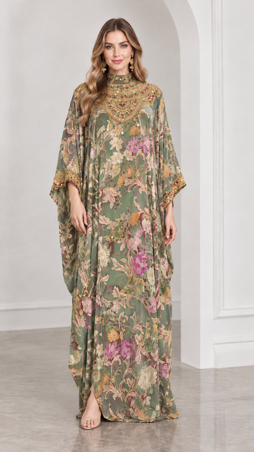 Front view of sage green floral velvet kaftan maxi dress