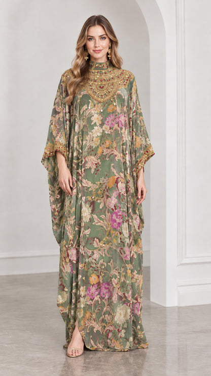 Front view of sage green floral velvet kaftan maxi dress
