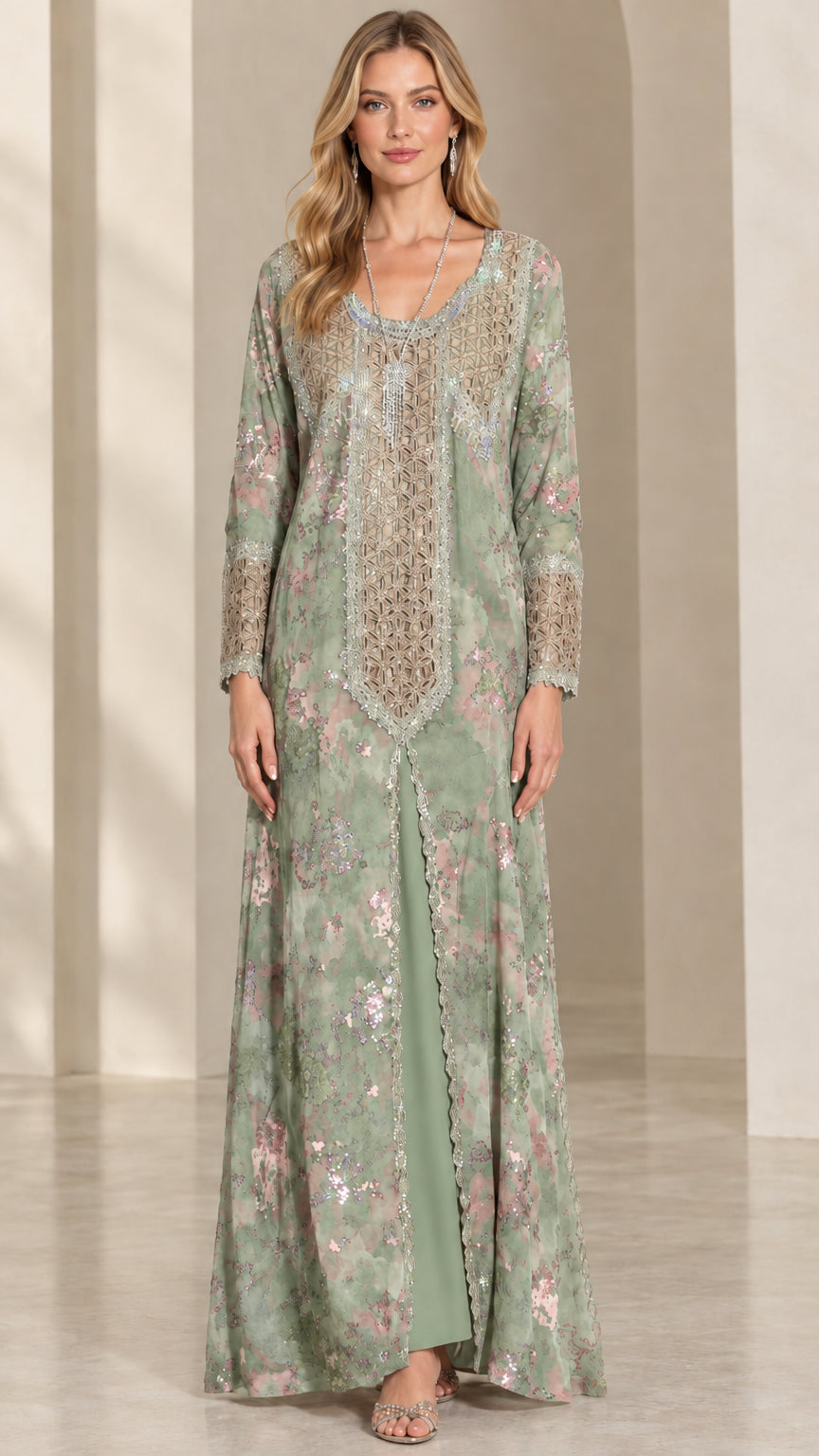 Front view of Sage Green floral embroidered kaftan maxi dress