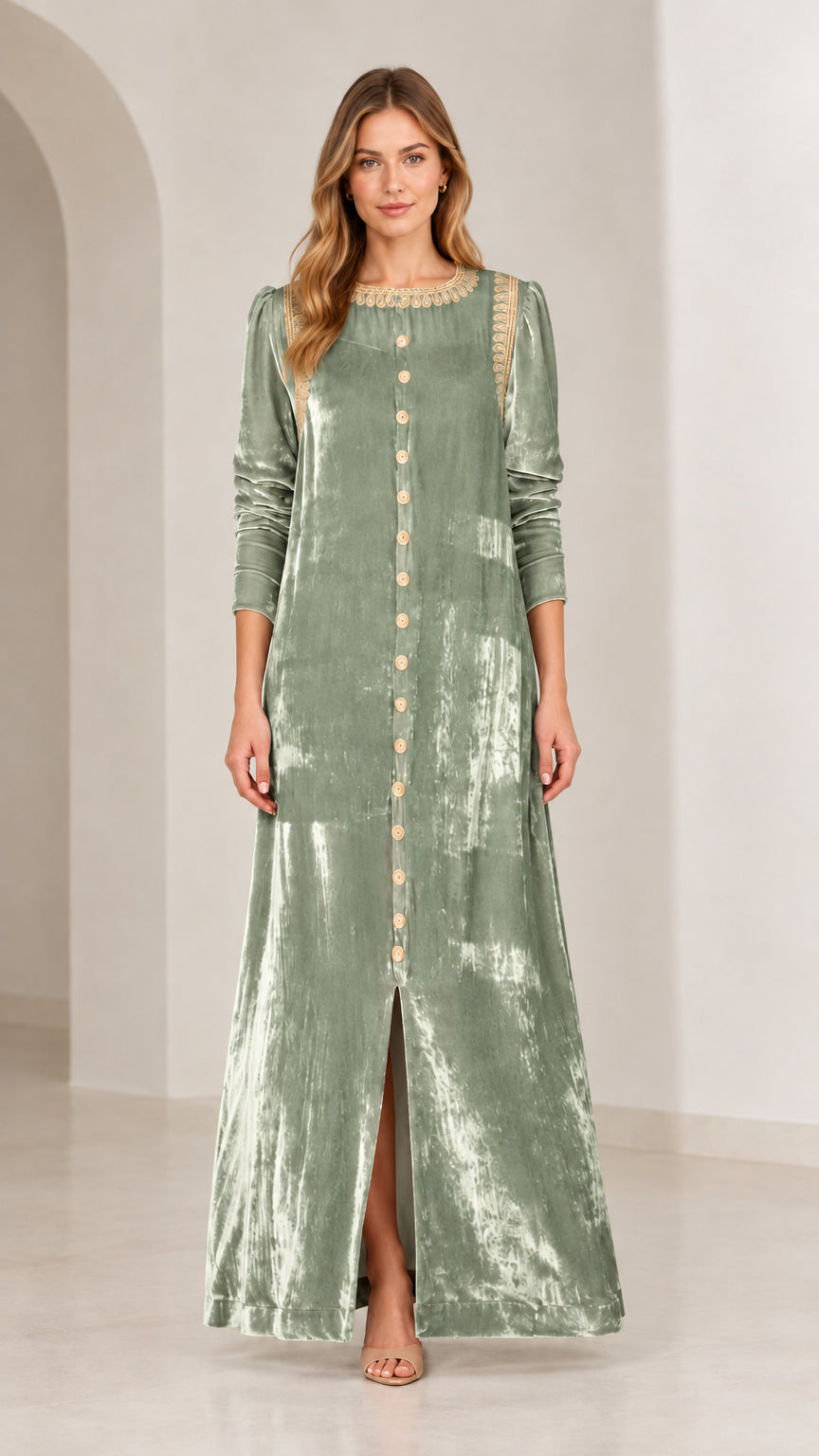 Full length front view of sage green crushed velvet maxi dress
