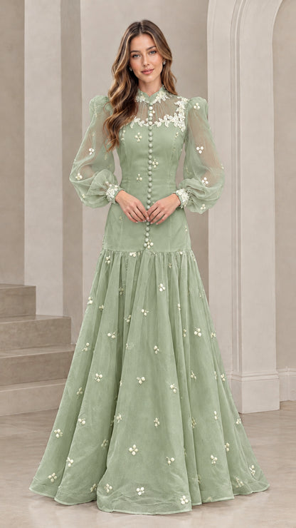 Front view of sage green long sleeve Victorian lace maxi gown with white lace details
