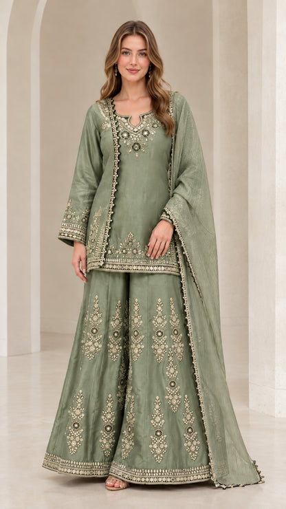 Sage green embroidered 3-piece kurti sharara set with dupatta