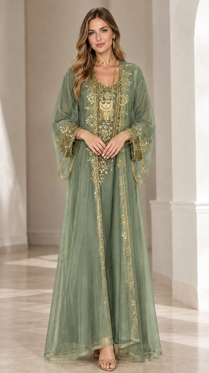 Sage Green embroidered sheer overlay kaftan abaya maxi dress front view