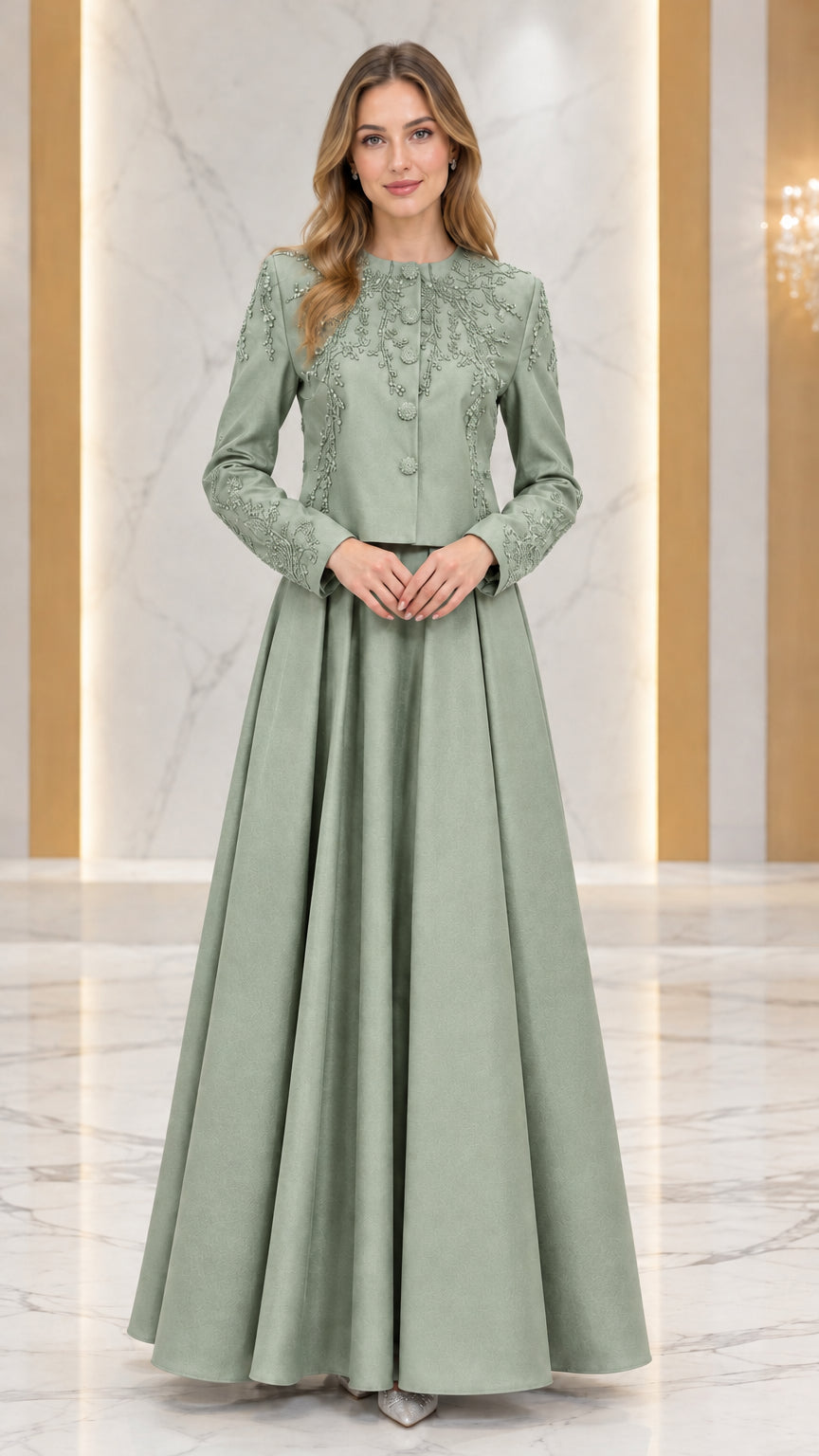Sage Green formal evening dress set with beaded long-sleeve jacket