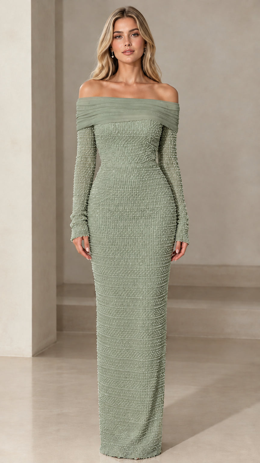 Model wearing sage green off-the-shoulder pearl beaded long sleeve maxi dress
