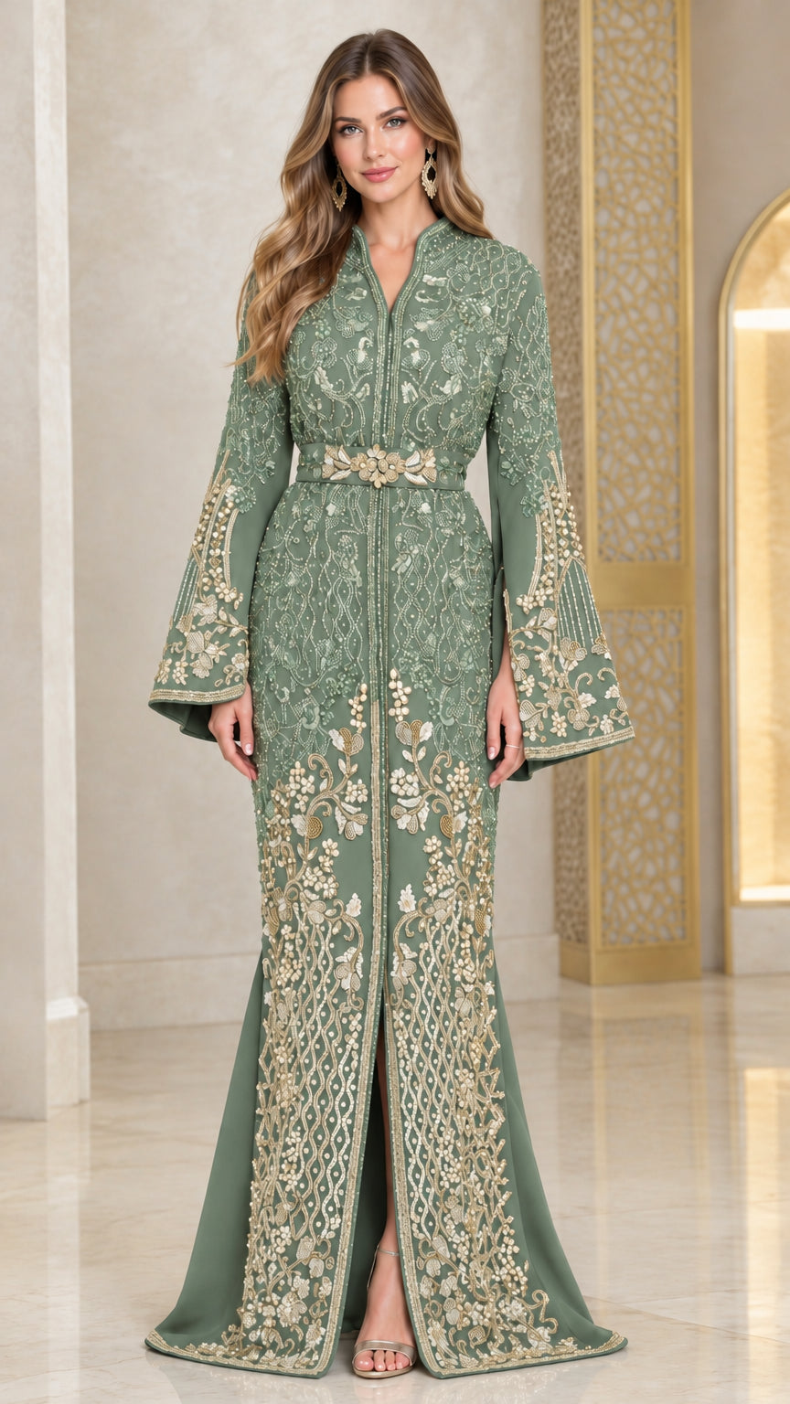 Sage Green embroidered Moroccan kaftan dress with belt