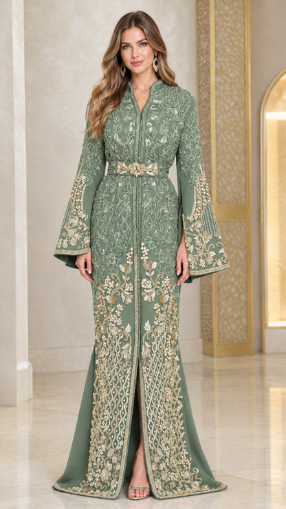 Sage Green embroidered Moroccan kaftan dress with belt