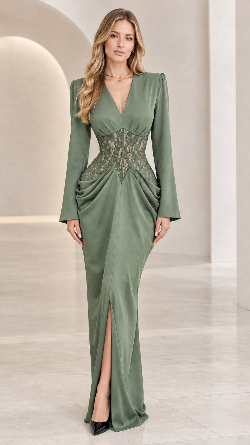 Sage green V-neck long sleeve formal gown with lace waist and slit