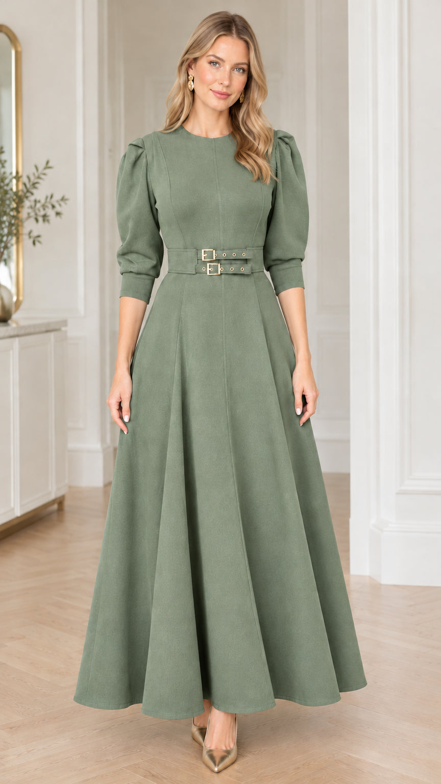 Model wearing sage green puff sleeve double buckle belted maxi dress