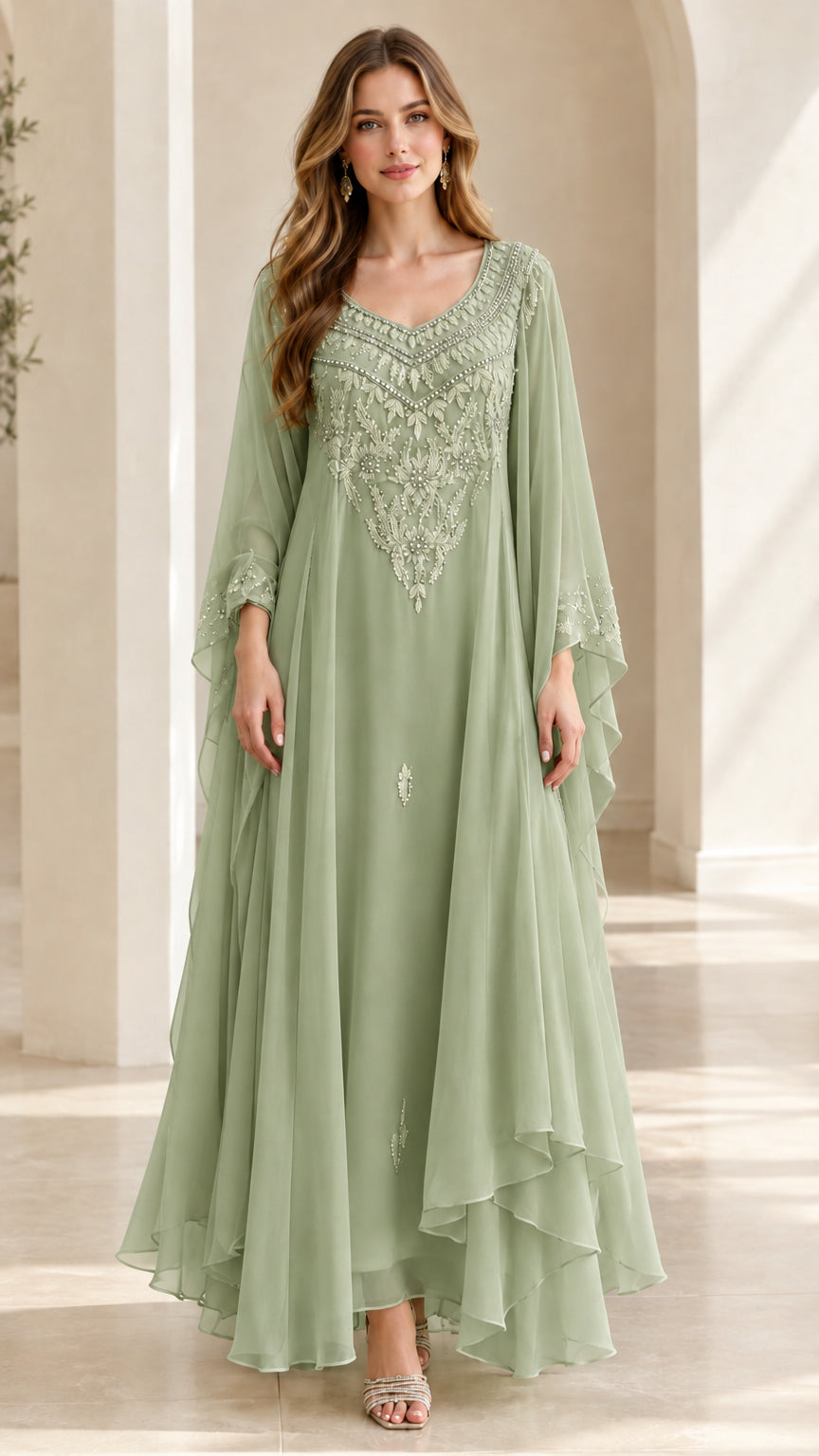 Sage green embroidered chiffon formal maxi gown