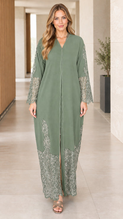 Sage green relaxed fit modest abaya dress with lace trim