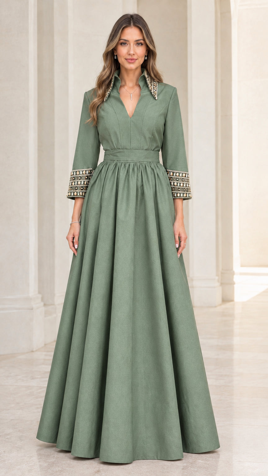 Front view of model wearing sage green embellished A-line evening maxi dress