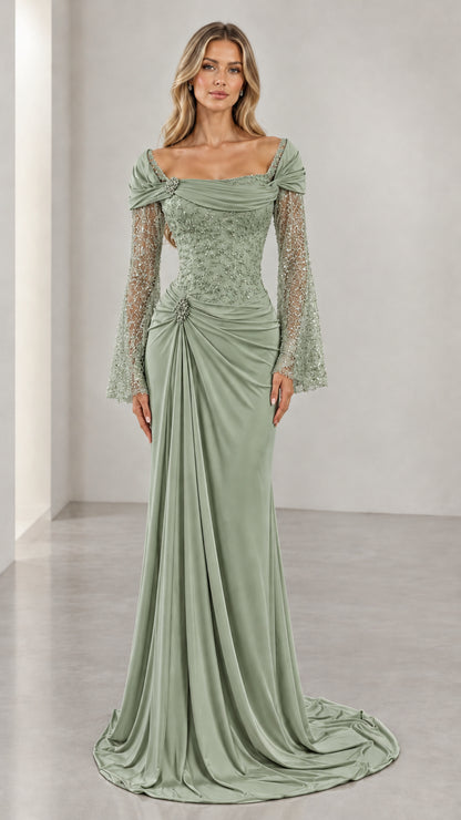 Sage green long sleeve beaded lace formal gown with train