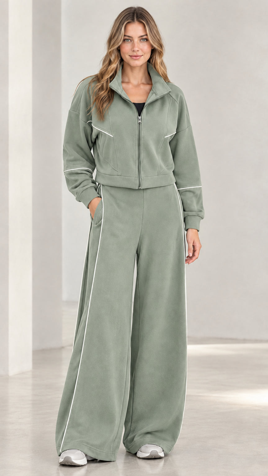 Front view of woman wearing sage green contrast piping wide leg tracksuit set