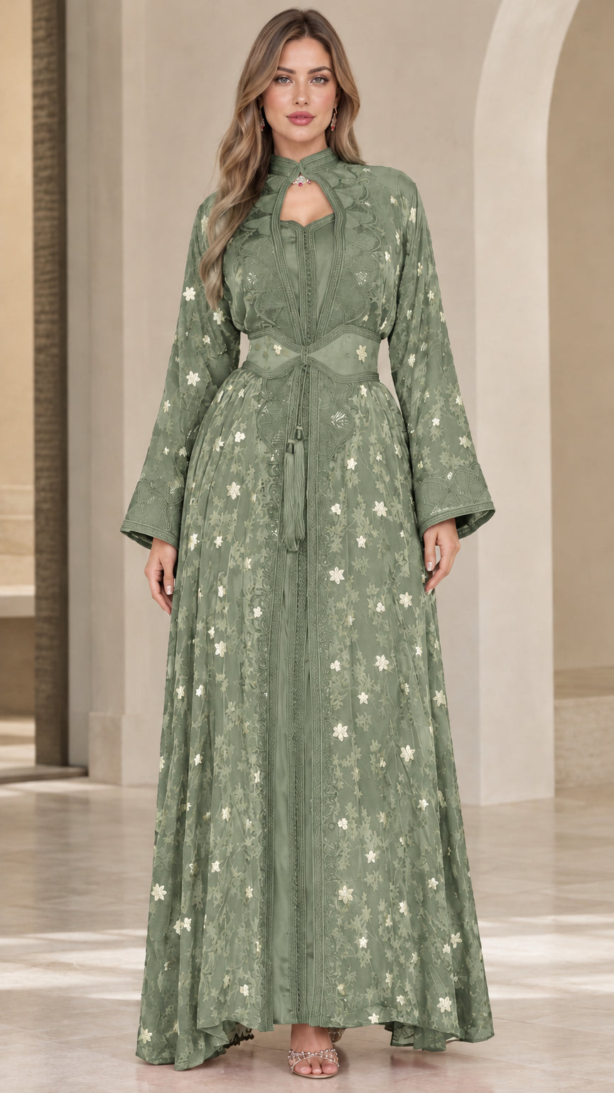 Front full-length view of model wearing Sage Green embroidered maxi dress
