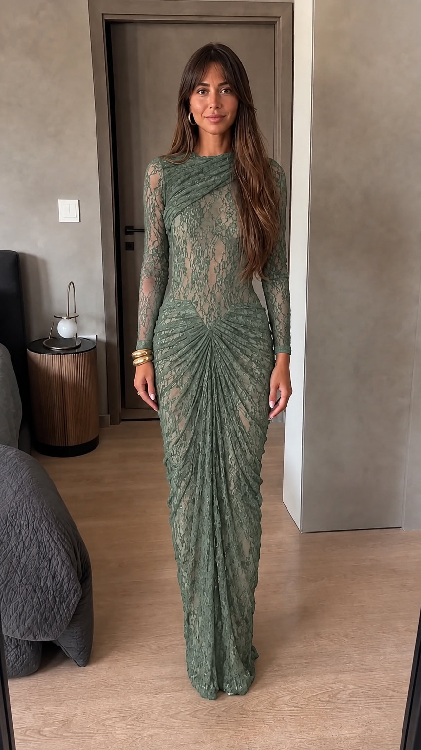 Full length sage green ruched sheer lace long sleeve evening dress