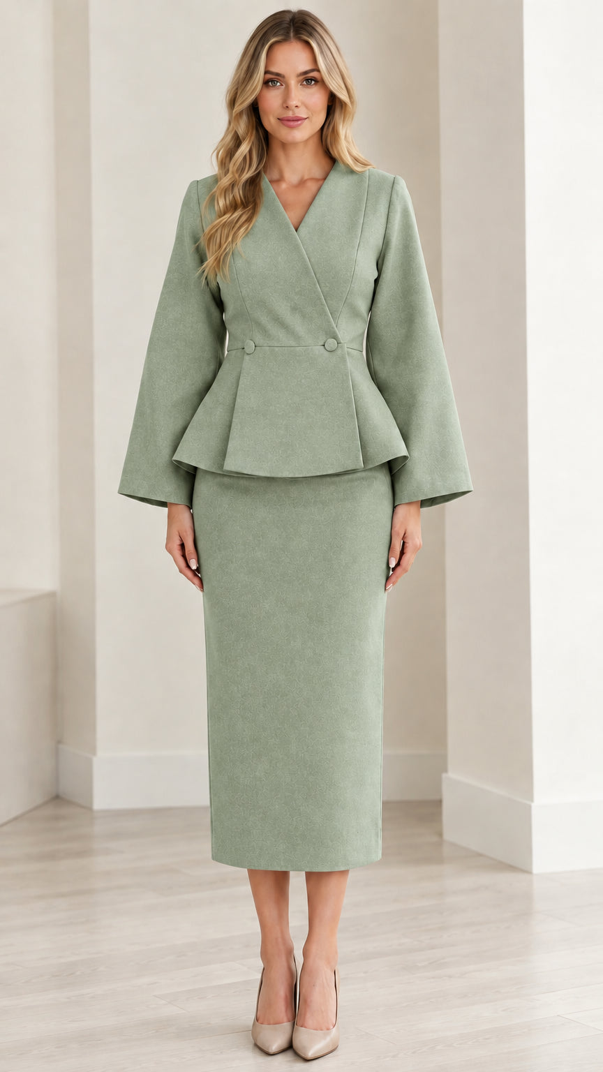 Model wearing sage green peplum jacket and midi pencil skirt two-piece set