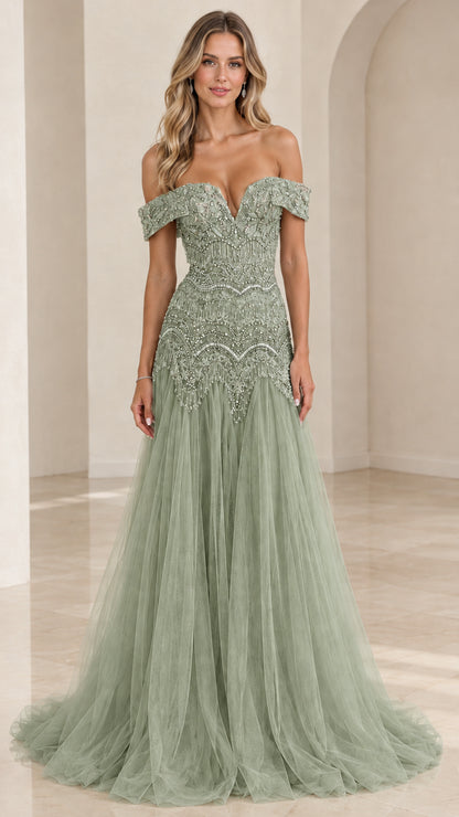 Sage Green off-the-shoulder beaded tulle maxi evening dress