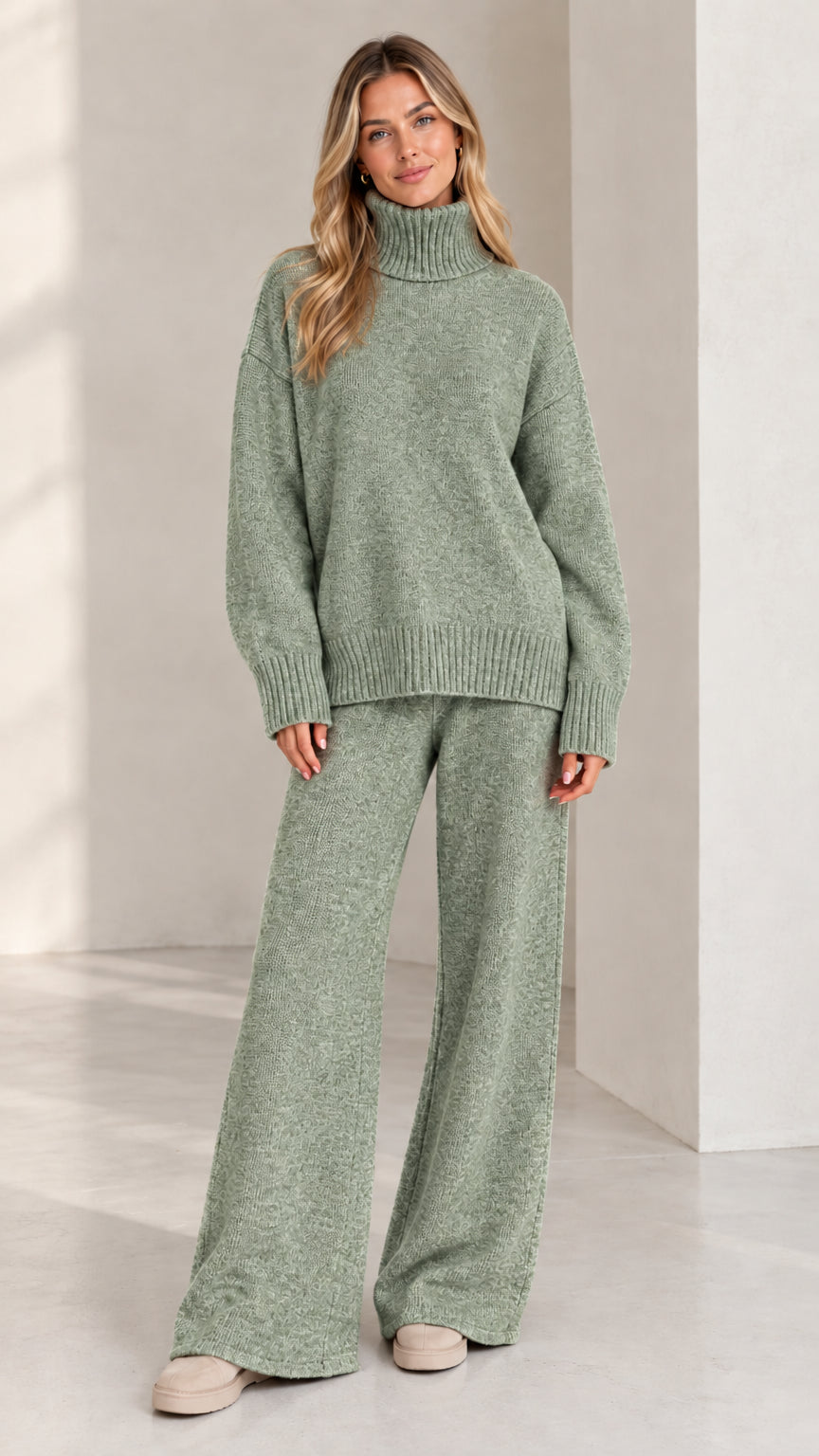 Women's sage green turtleneck knit sweater and matching wide leg pants set