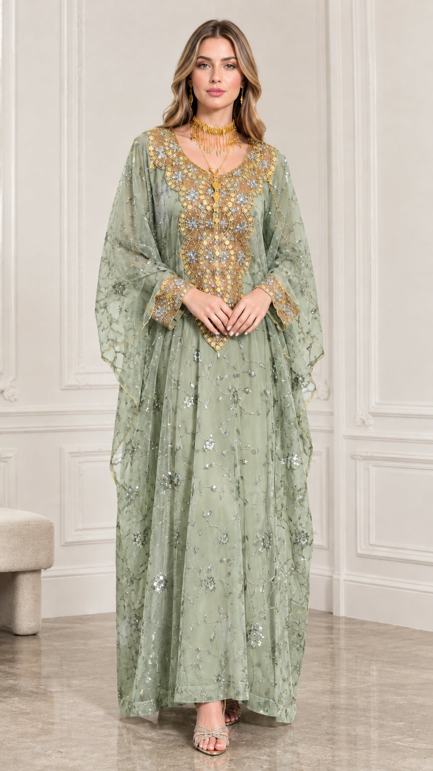 Sage green modest kaftan dress with gold embroidery and cape sleeves