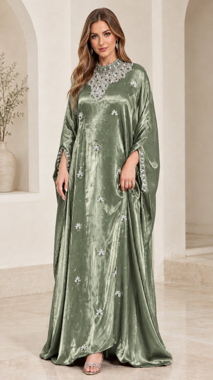 Sage green crystal embellished flowing kaftan maxi dress front view
