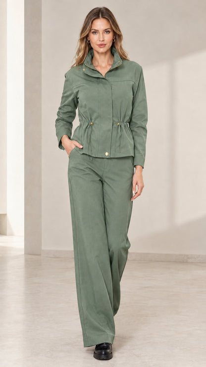 Model wearing Sage Green utility jacket and matching wide-leg trousers set