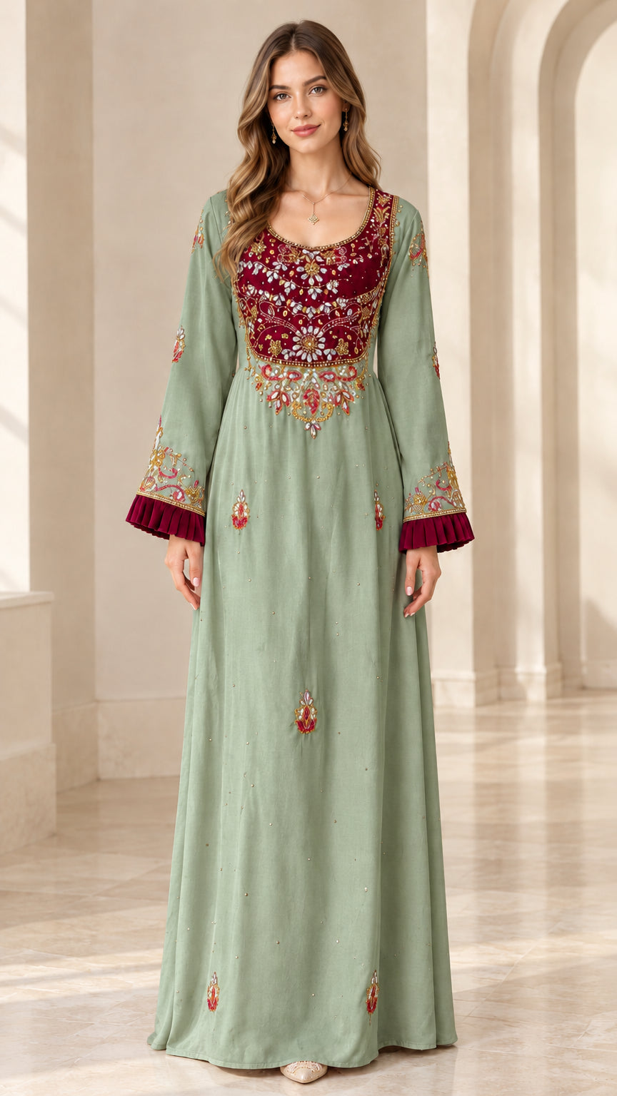 Full front view of model wearing Sage Green embroidered velvet yoke kaftan dress