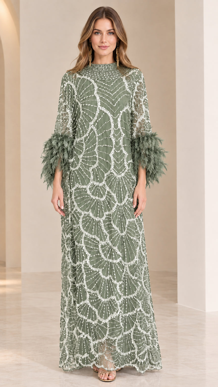 Front view of sage green beaded formal maxi gown with feather cuffs