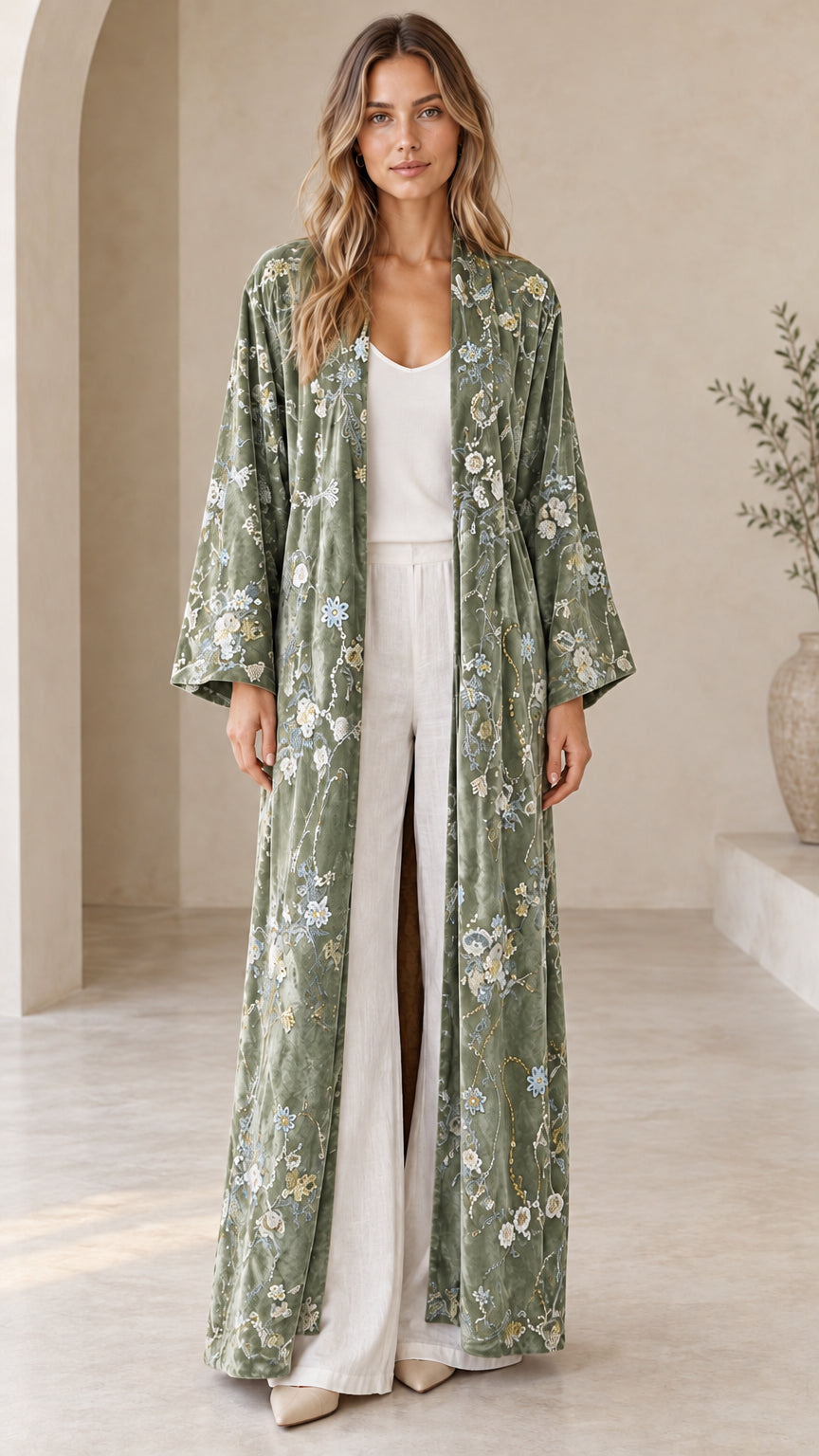 Model wearing the Sage Green floral embroidered velvet maxi duster cardigan
