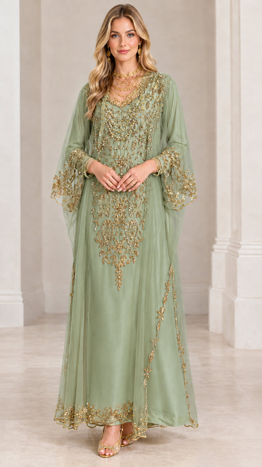 Front view of sage green long kaftan dress with detailed gold embroidery