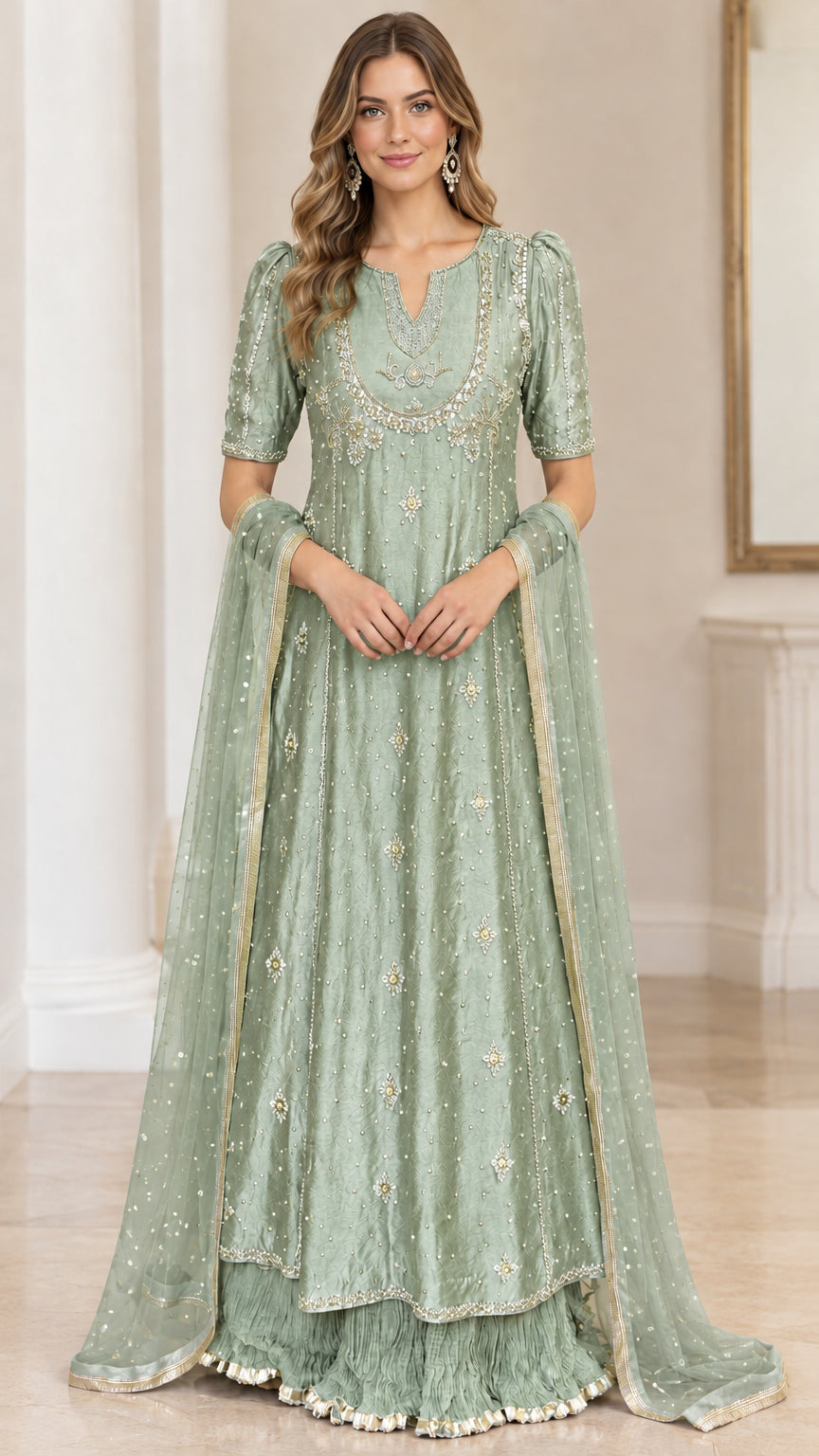 Sage green embellished evening gown with matching bordered dupatta scarf